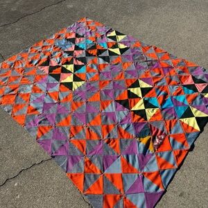Vintage 70s MCM Patchwork Hourglass Geometric Quilt Top Polyester Damage 65x81